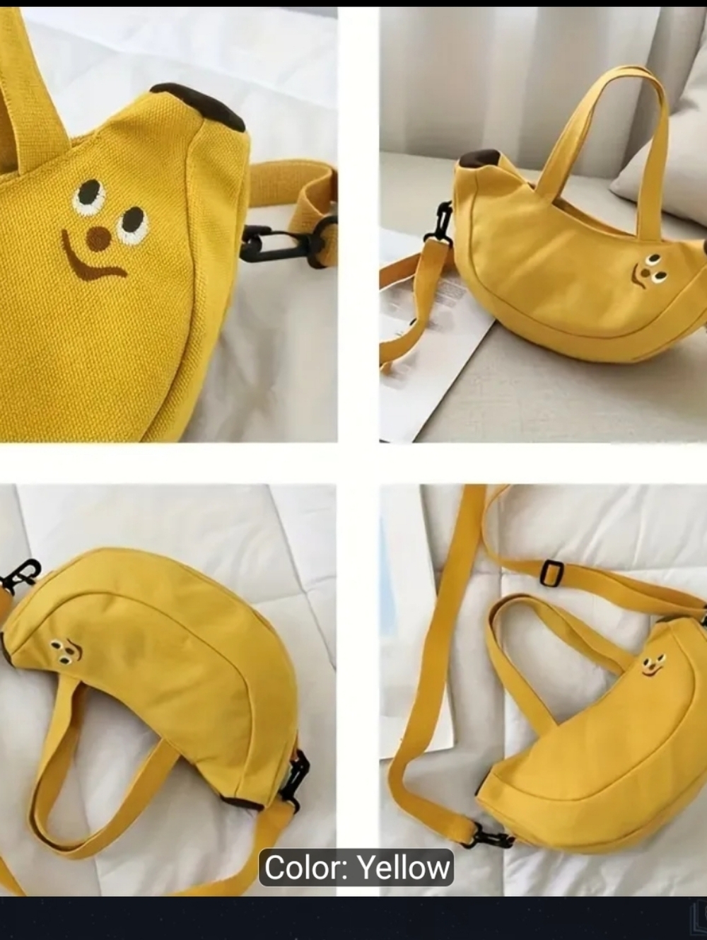 Yellow Banana Crossbody Canvas Crescent Tote Bag with Smiley Accent - Picture 5 of 9